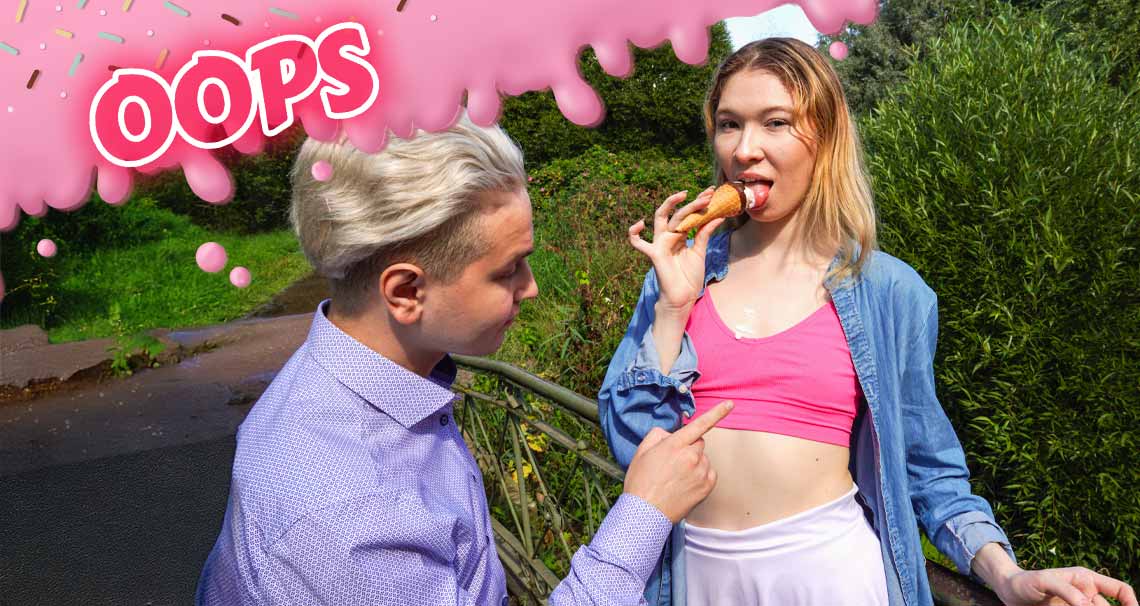 Licking Mia's ice cream 