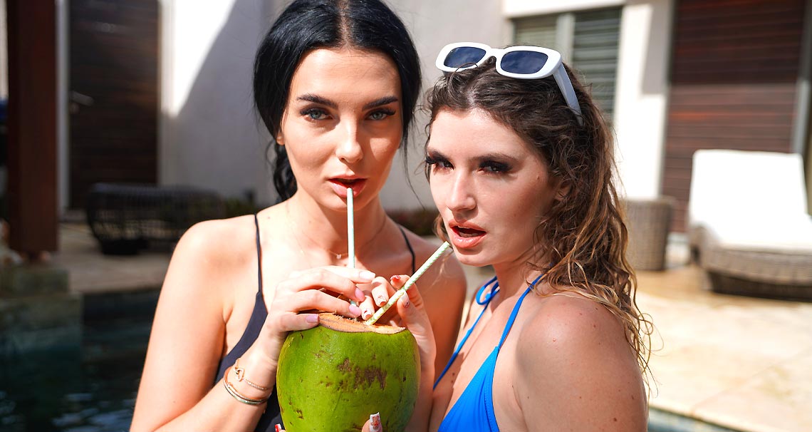 Coconut & cock sharing poolside